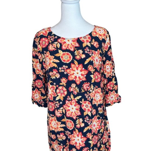 J Jill Floral Shift Dress Size 16 Navy Blue Orange Colorful Flower Cottagecore - Picture 2 of 10